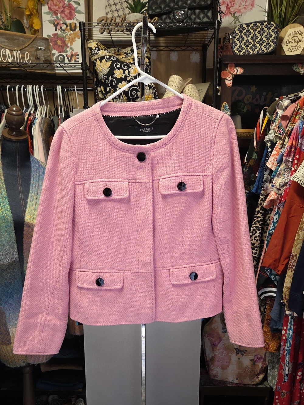Talbots Pink Round-Neck Textured Pocket Jacket